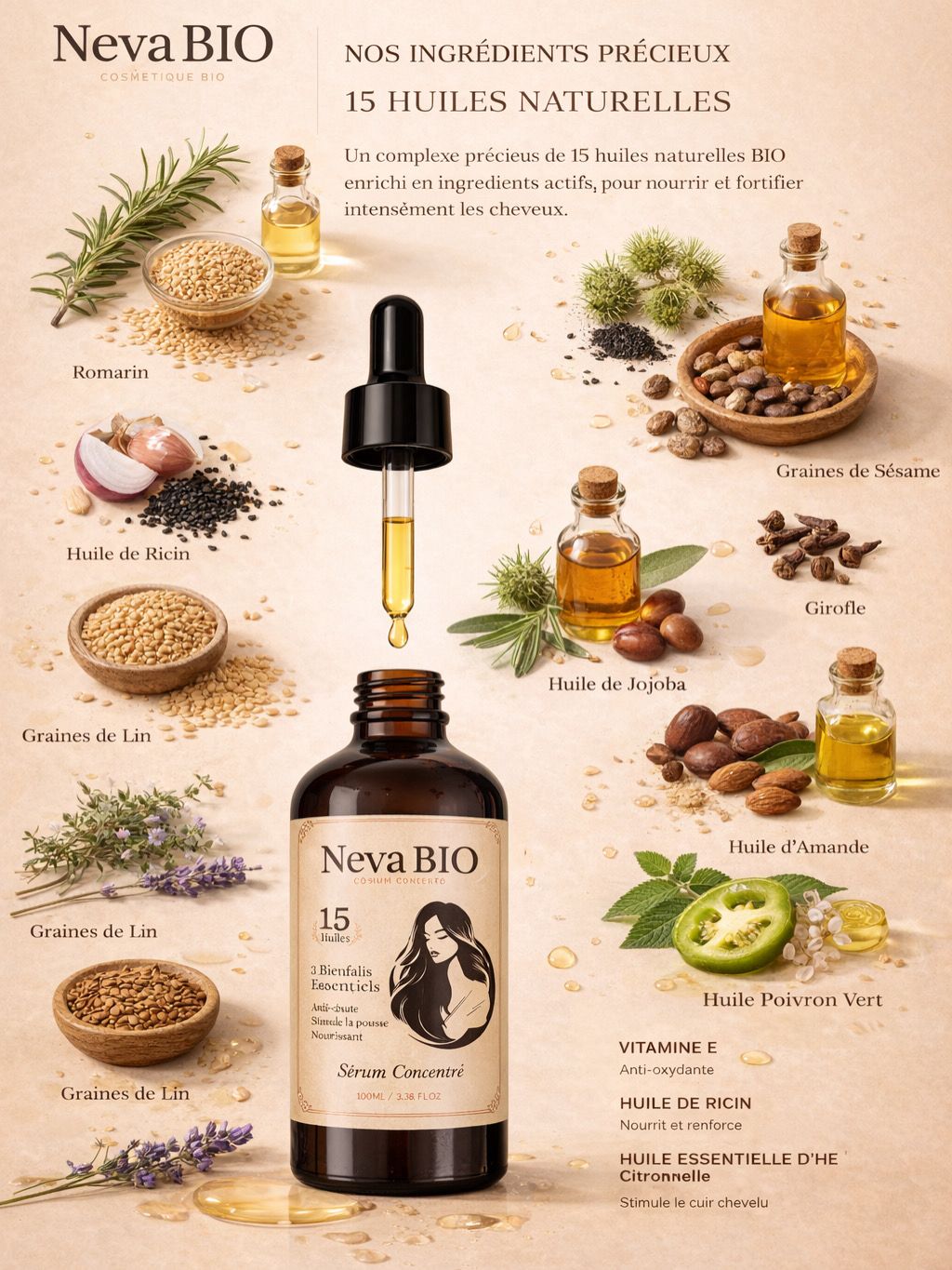 Sérum Concentré aux 15 Huiles Capillaires – Neva BIO